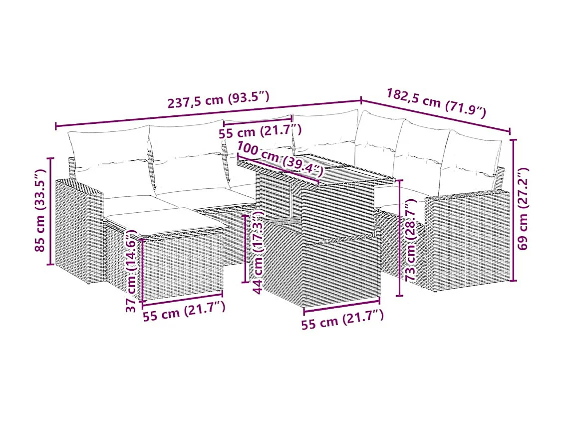 Salon de jardin avec coussins 8 pcs beige résine tressée