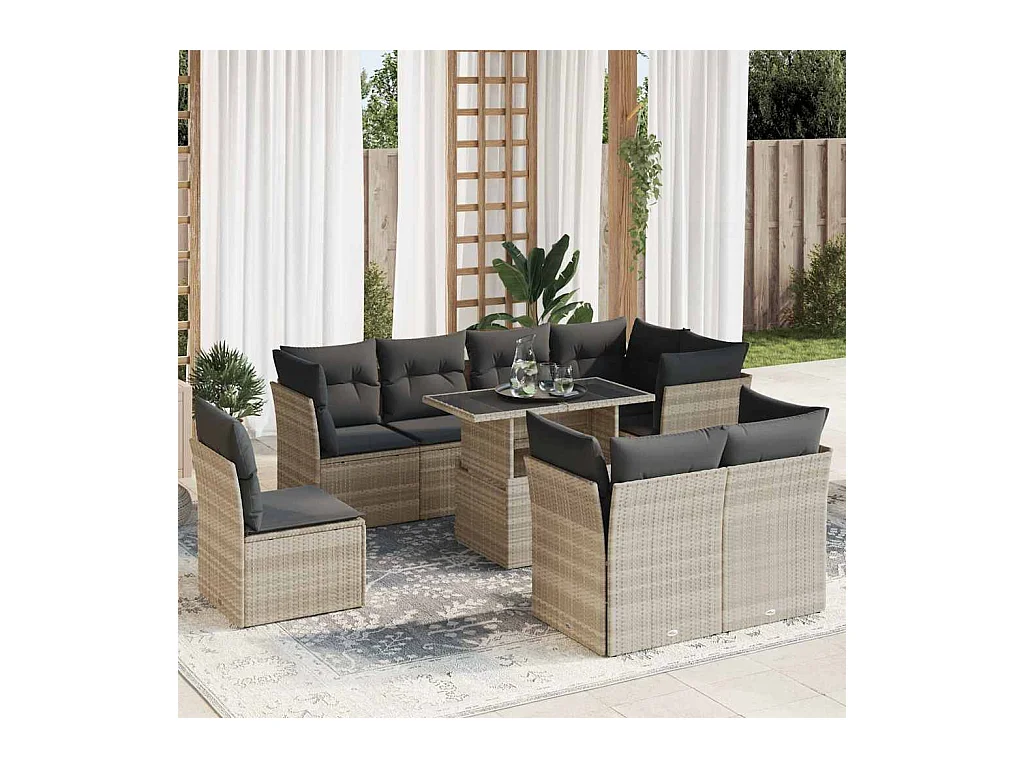 9-tlg. Garten-Sofagarnitur mit Kissen Hellgrau Poly Rattan