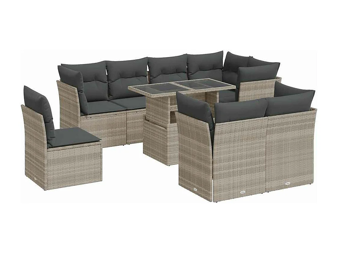 9-delige Loungeset met kussens poly rattan lichtgrijs