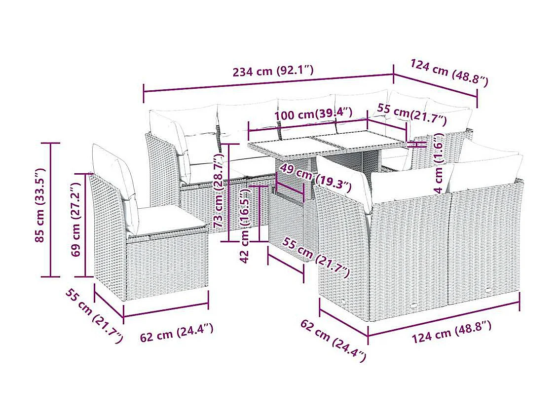 9-delige Loungeset met kussens poly rattan lichtgrijs