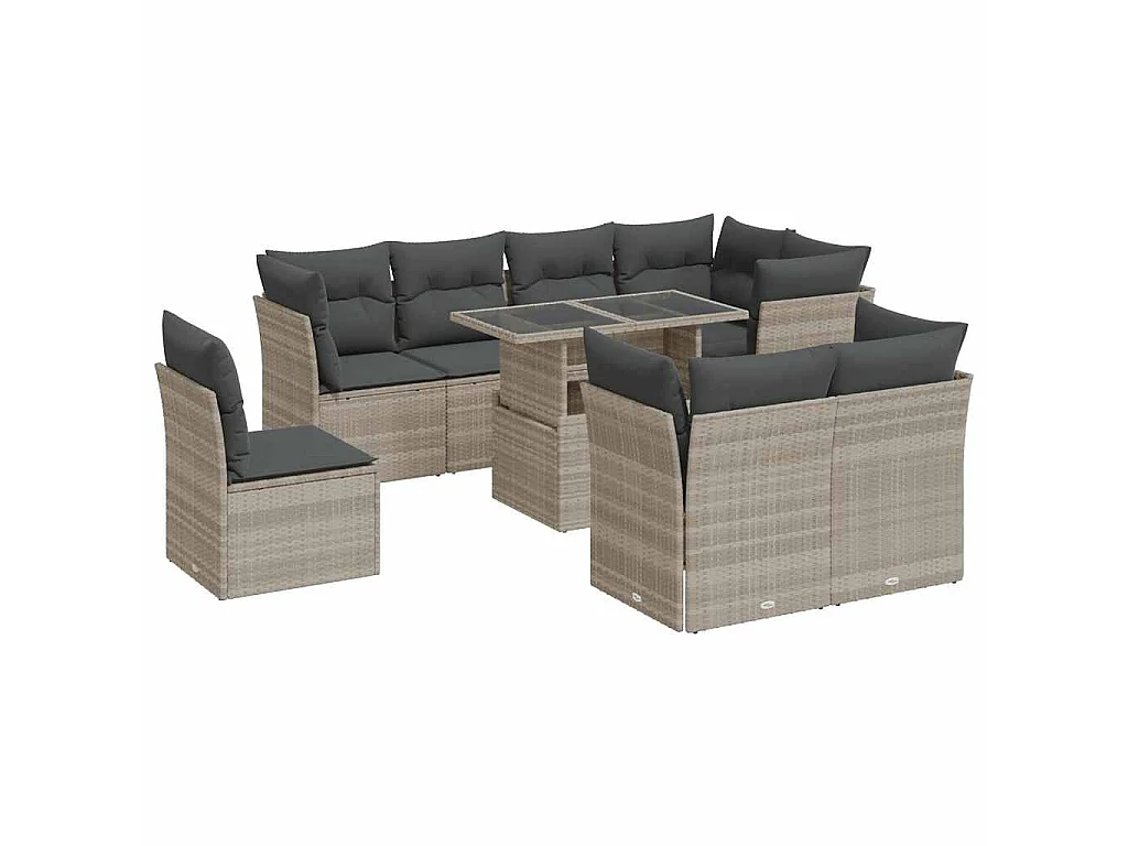 Set muebles jardín 9 pzas y cojines ratán sintético gris claro
