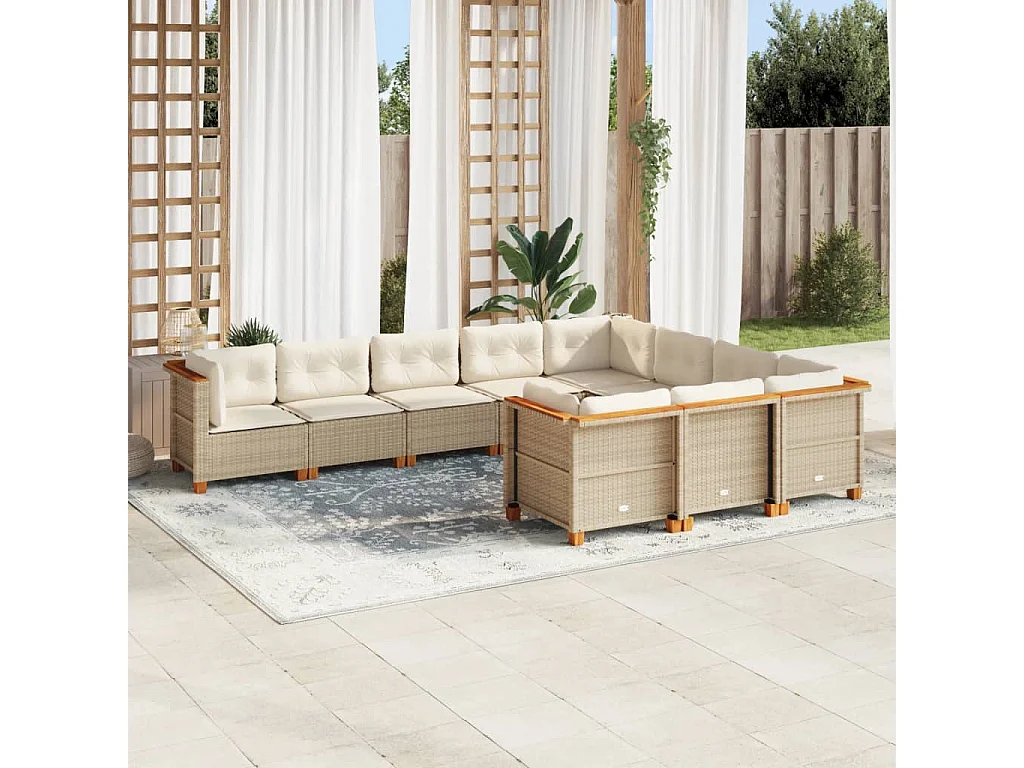 Set Divano da Giardino 10 pz con Cuscini Beige in Polyrattan