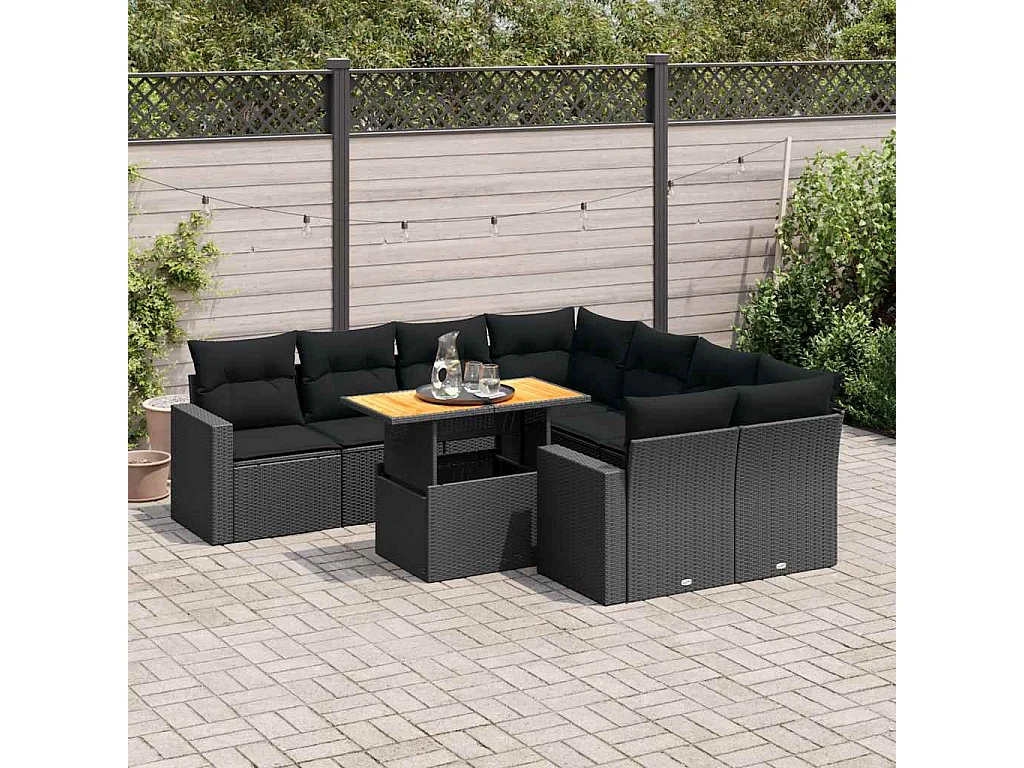 Set Divani da Giardino 9 pz con Cuscini Nero in Polyrattan