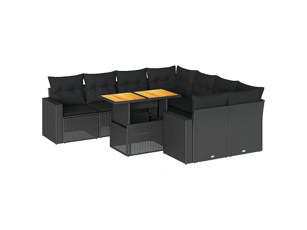9-tlg. Garten-Sofagarnitur mit Kissen Schwarz Poly Rattan