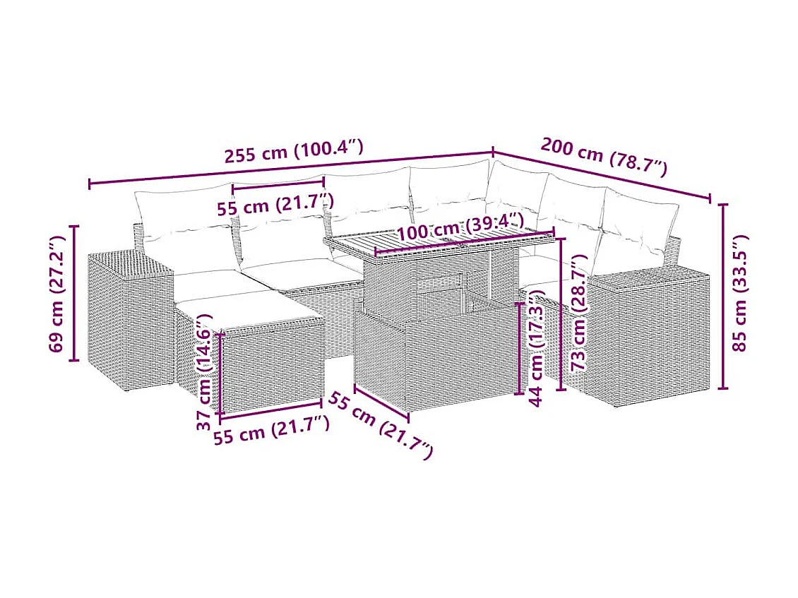 8 pcs conjunto de sofás p/ jardim com almofadões vime PE bege