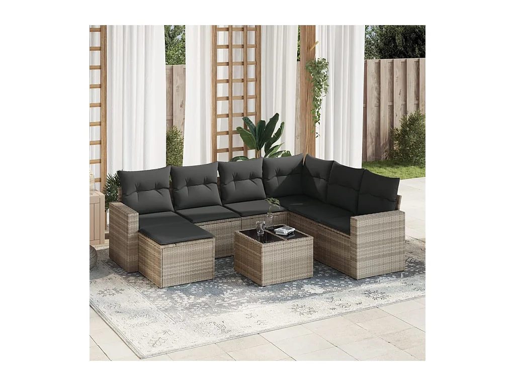 Salon de jardin 8 pcs avec coussins gris clair résine tressée