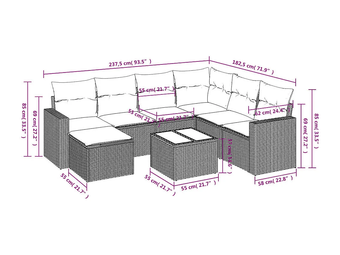 8-tlg. Garten-Sofagarnitur mit Kissen Hellgrau Poly Rattan