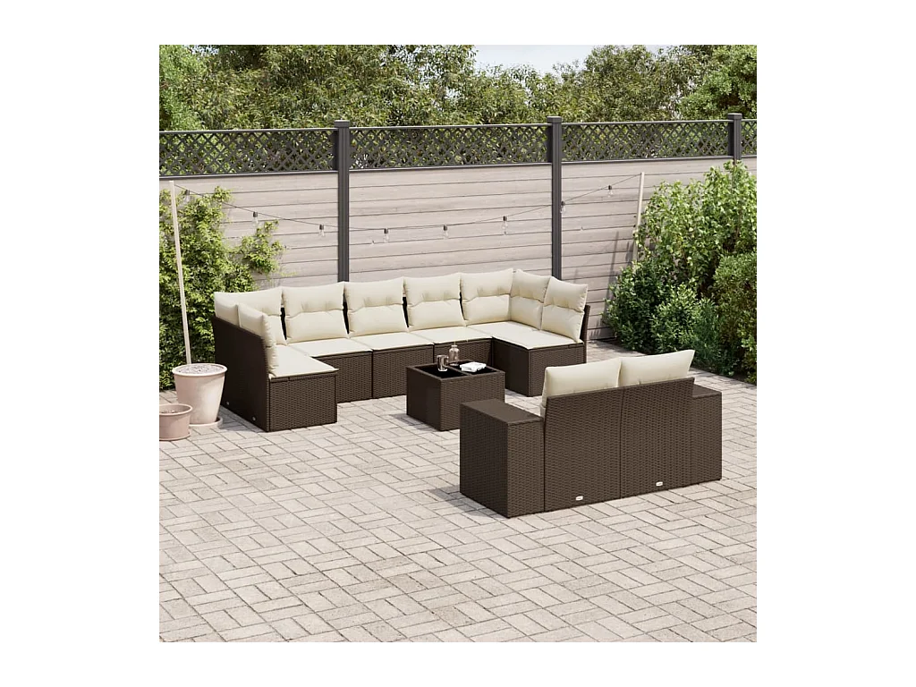10-delige Loungeset met kussens poly rattan bruin