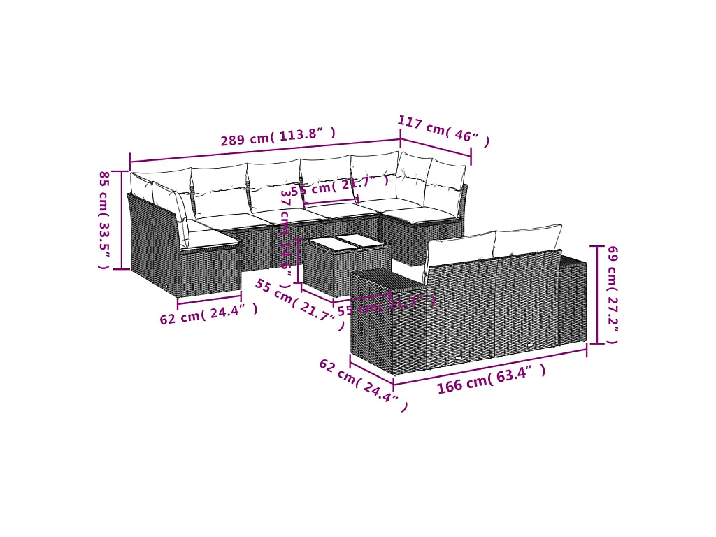 10-delige Loungeset met kussens poly rattan bruin