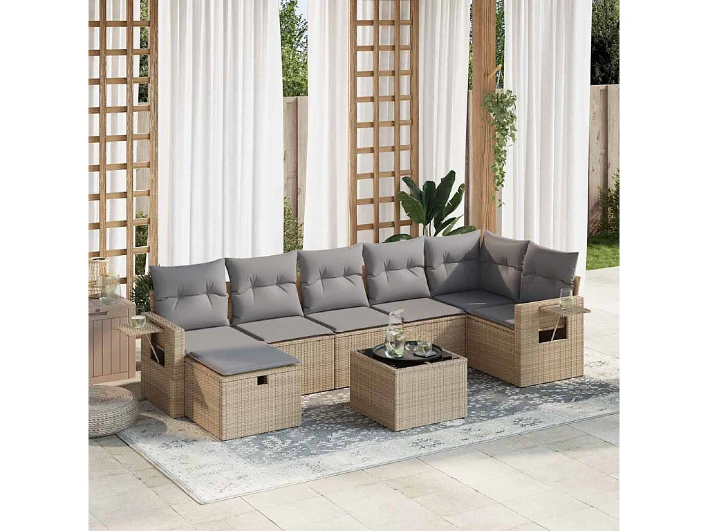 Salon de jardin avec coussins 8 pcs beige résine tressée