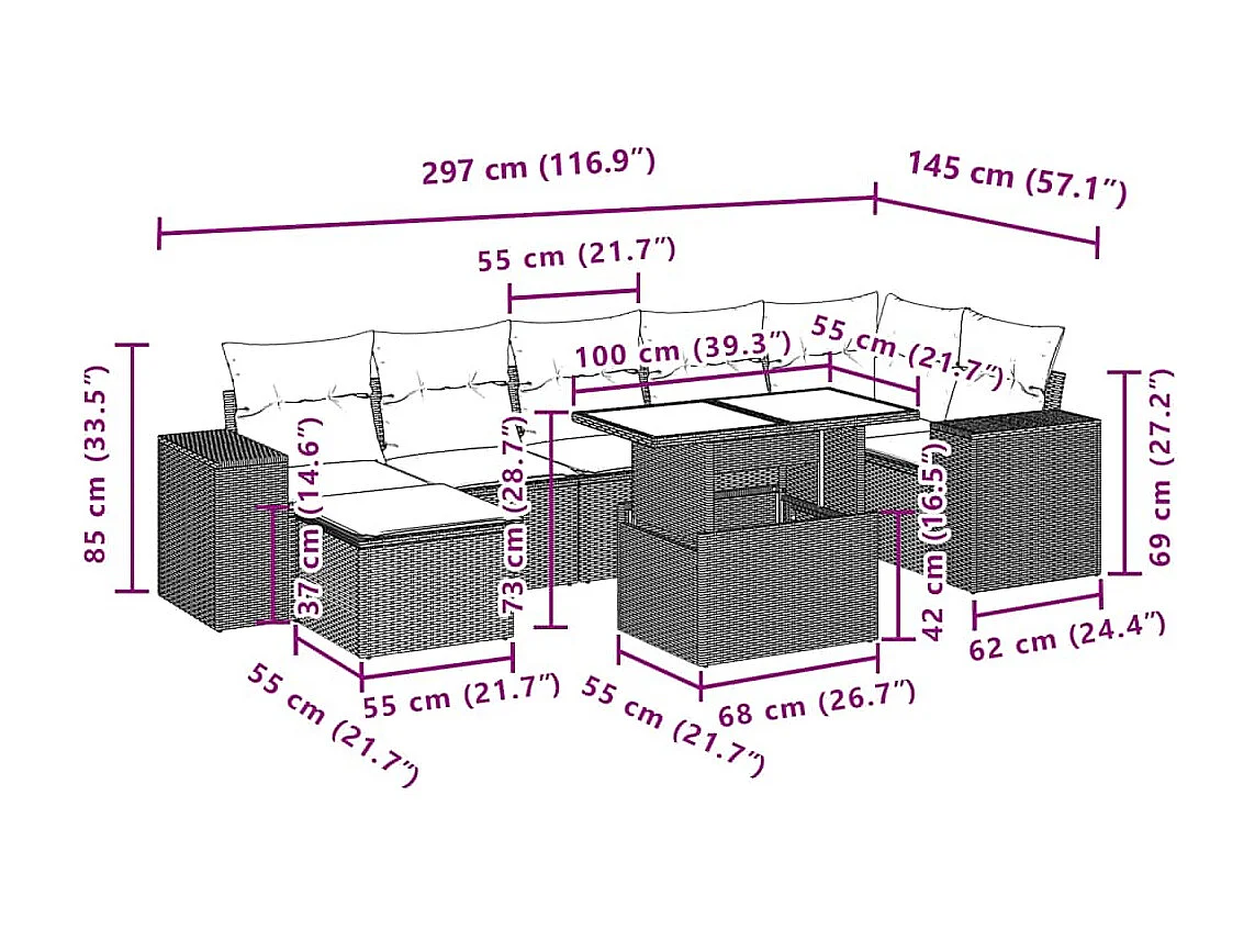 Salon de jardin 8 pcs avec coussins marron résine tressée