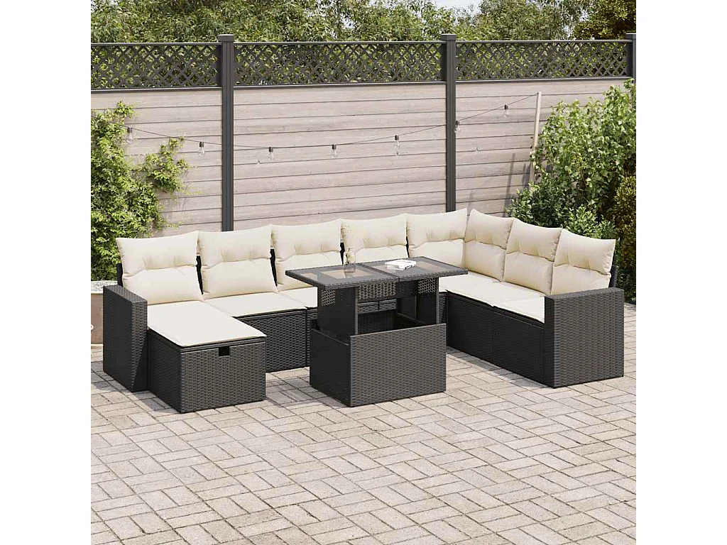 9-delige Loungeset met kussens poly rattan zwart
