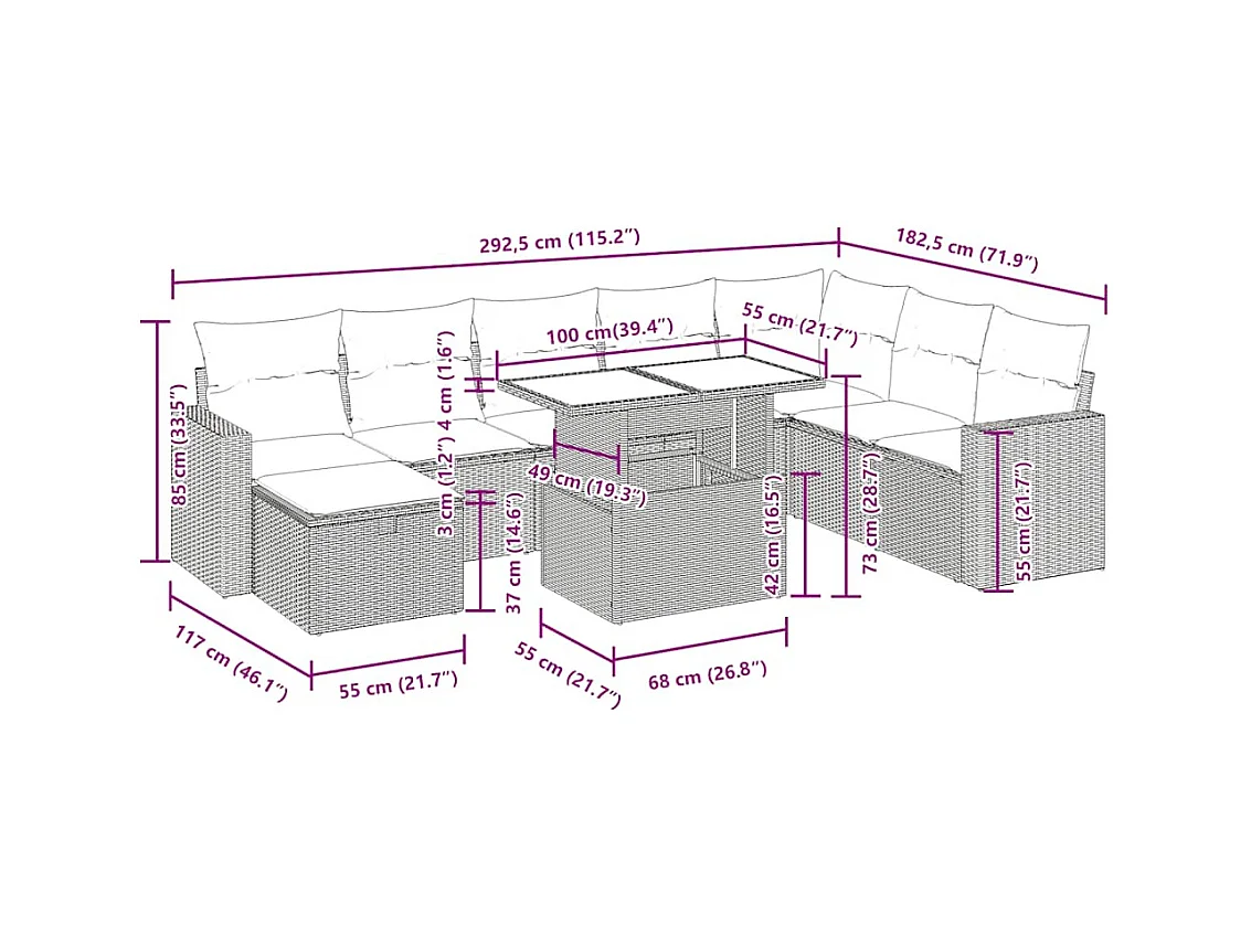 9-delige Loungeset met kussens poly rattan zwart