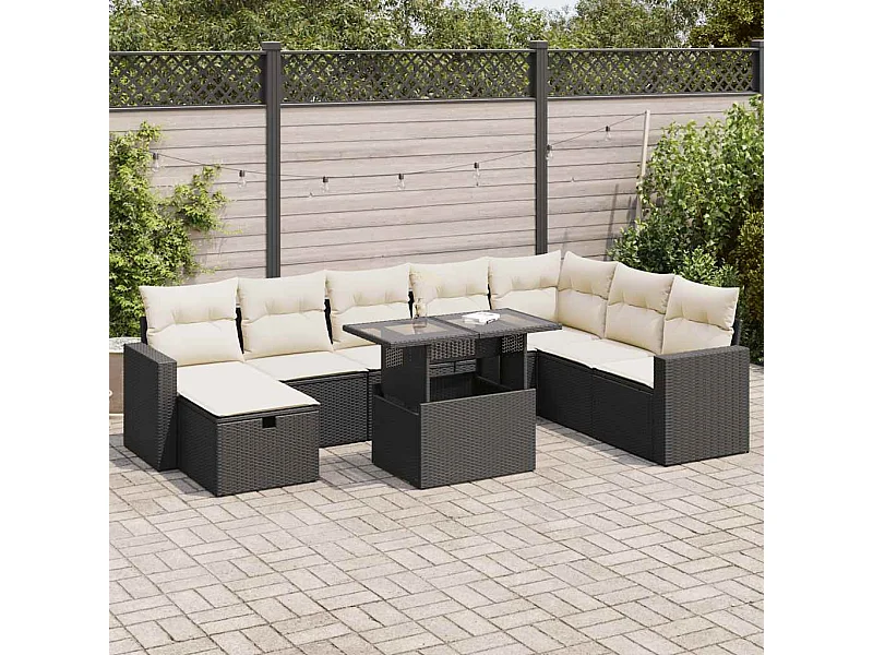 9-tlg. Garten-Sofagarnitur mit Kissen Schwarz Poly Rattan