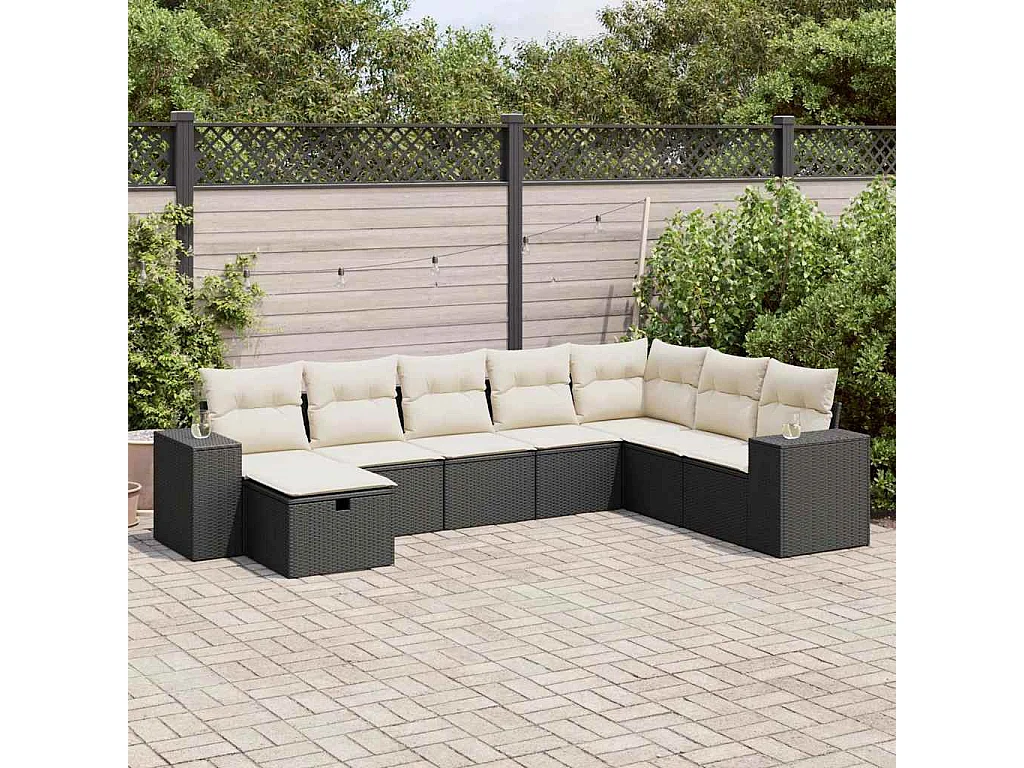 Salon de jardin 8 pcs avec coussins noir résine tressée