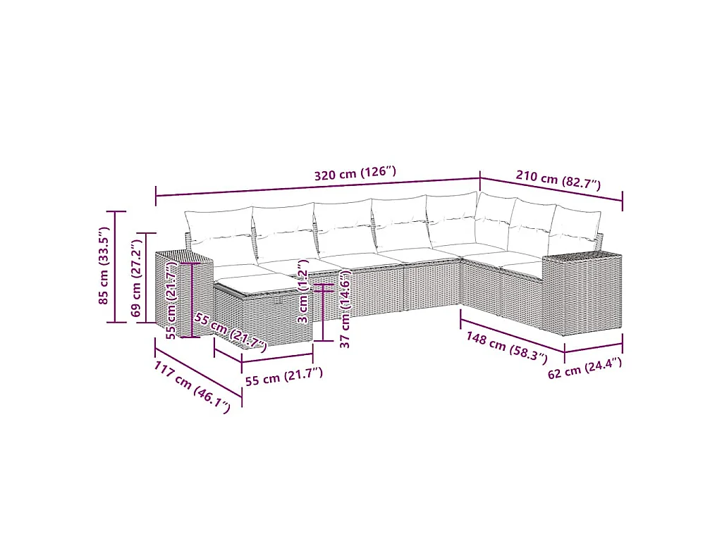 8-tlg. Garten-Sofagarnitur mit Kissen Schwarz Poly Rattan