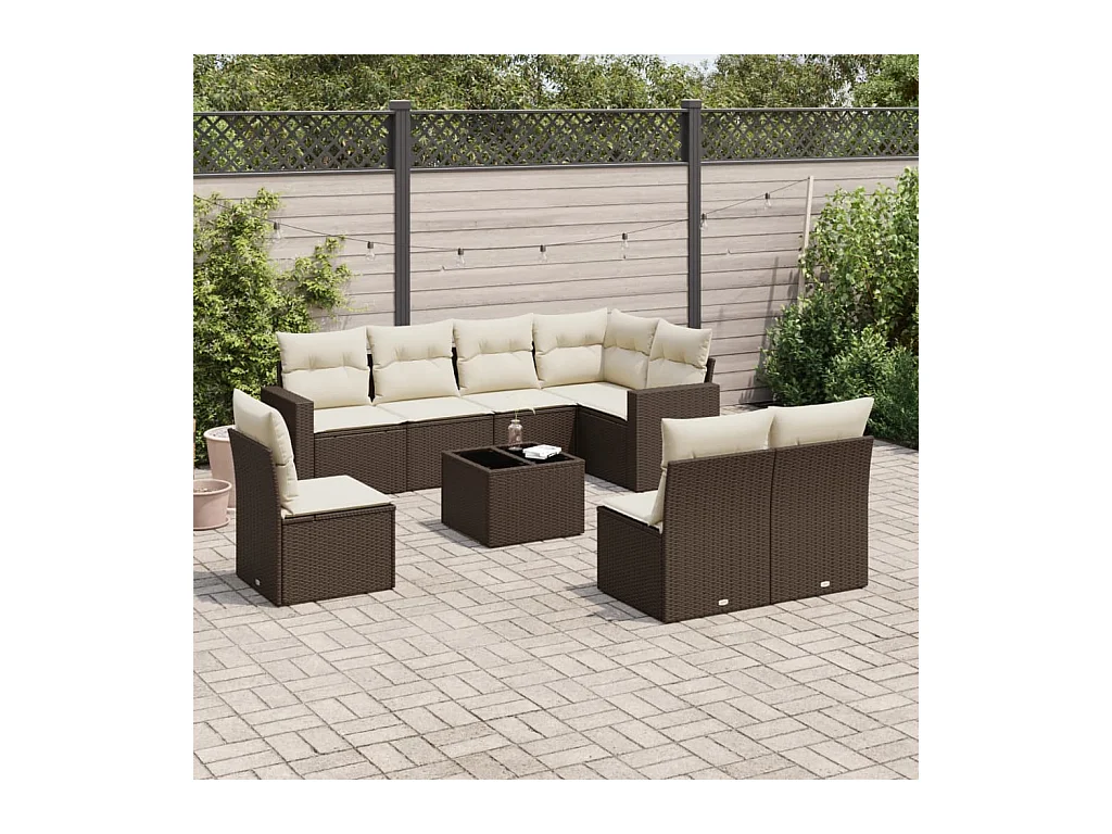 9-tlg. Garten-Sofagarnitur mit Kissen Braun Poly Rattan