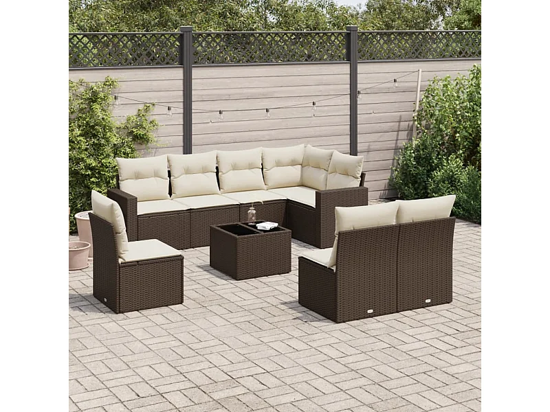 Salon de jardin avec coussins 9 pcs marron résine tressée