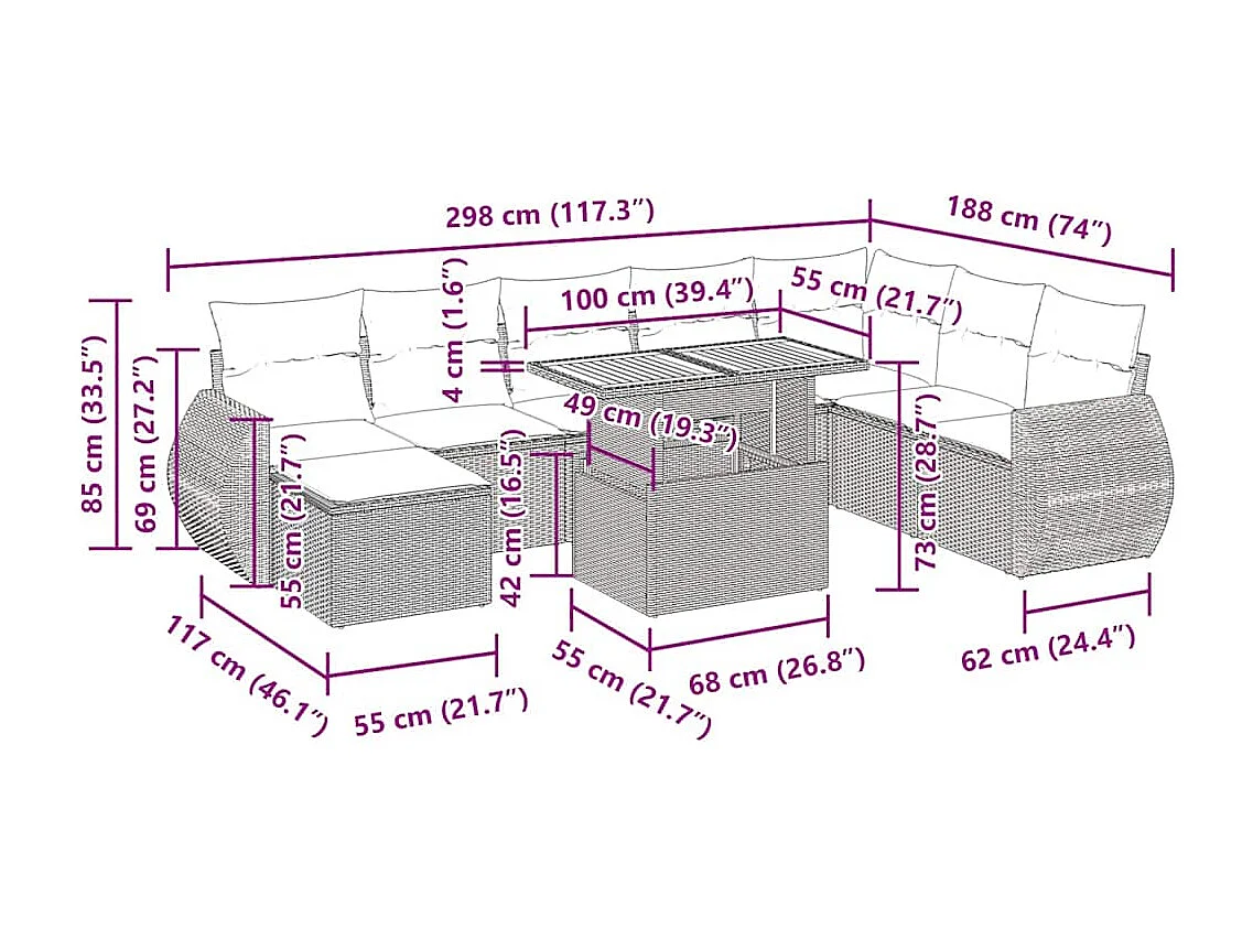 Salon de jardin 9 pcs avec coussins noir résine tressée