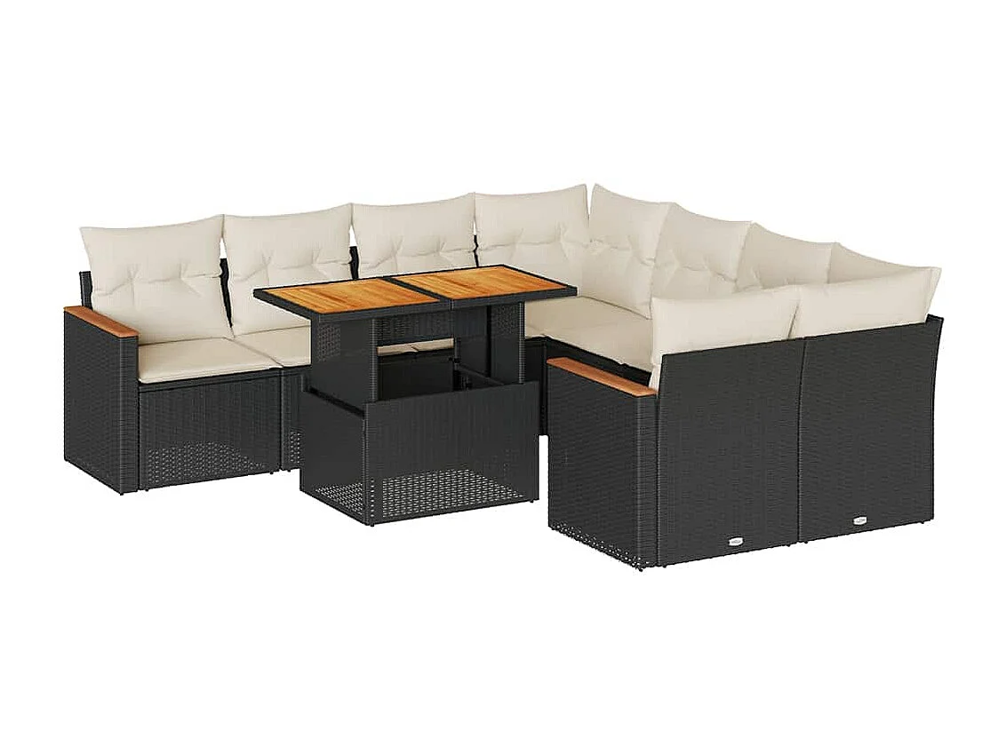 Salon de jardin avec coussins 9 pcs noir résine tressée acacia
