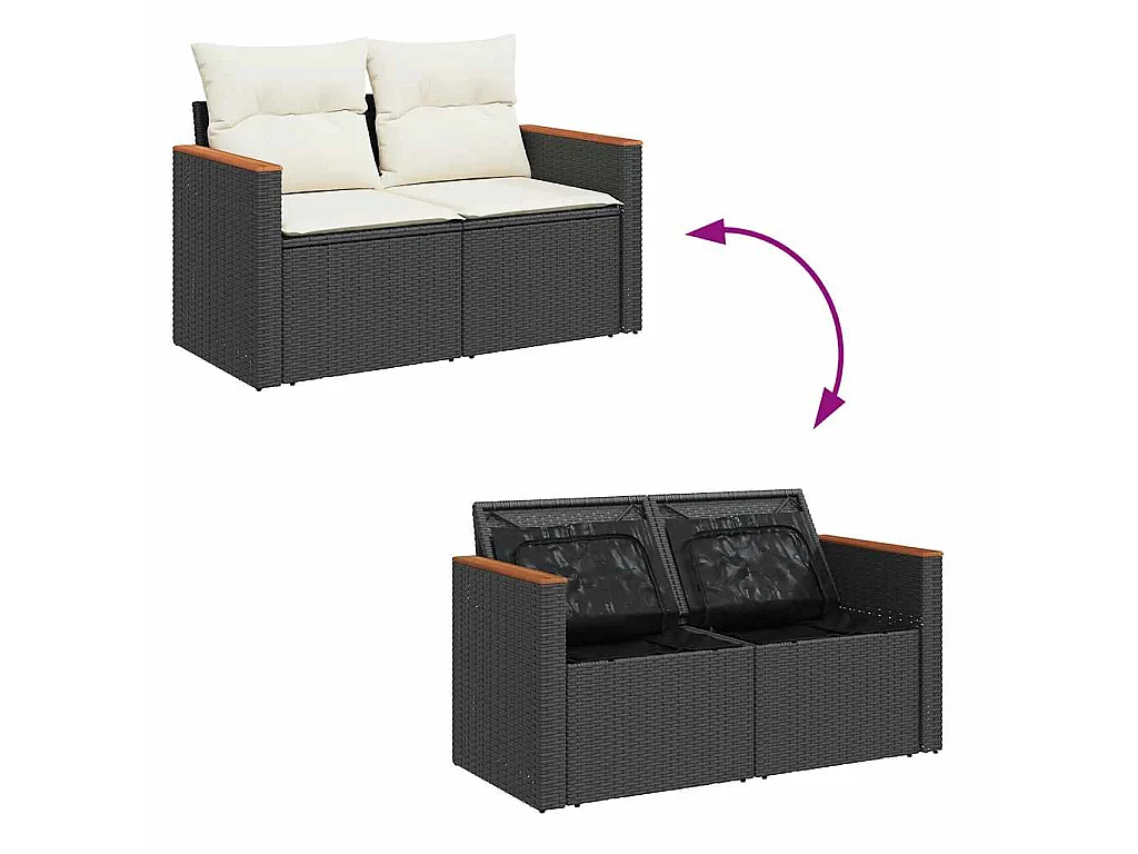 Set Divani da Giardino 9 pz con Cuscini Nero Polyrattan Acacia
