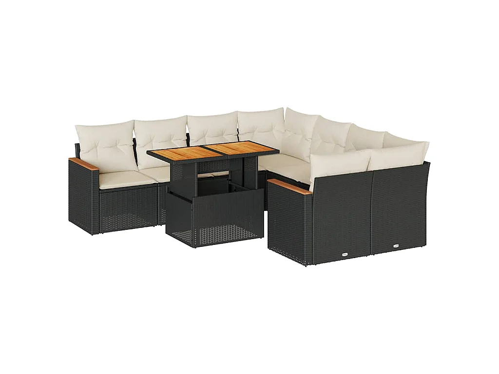 Set Divani da Giardino 9 pz con Cuscini Nero Polyrattan Acacia
