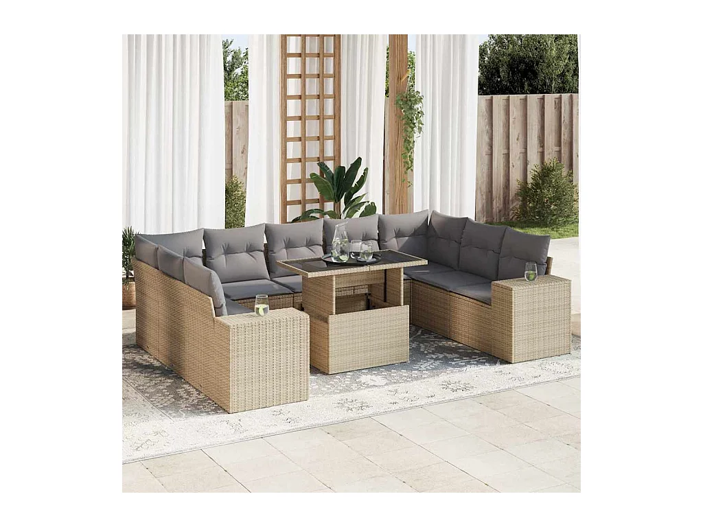 10-delige Loungeset met kussens poly rattan beige