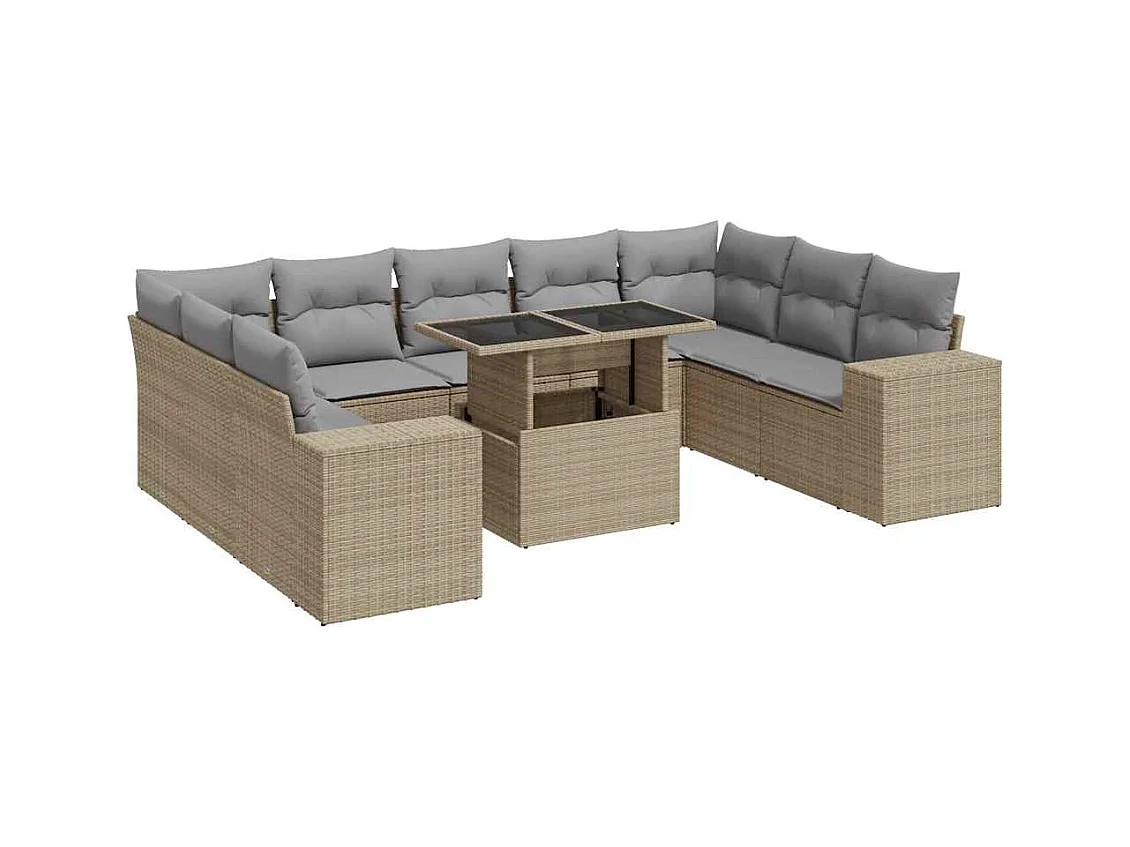 10-tlg. Garten-Sofagarnitur mit Kissen Beige Poly Rattan
