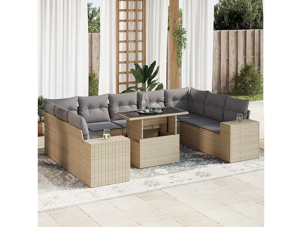 Salon de jardin avec coussins 10 pcs beige résine tressée