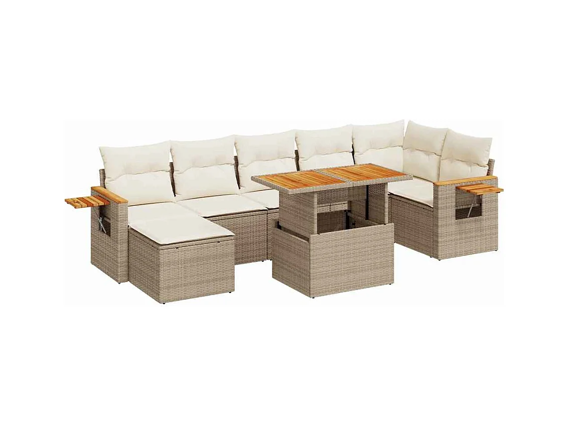 8-tlg. Garten-Sofagarnitur mit Kissen Beige Poly Rattan Akazie