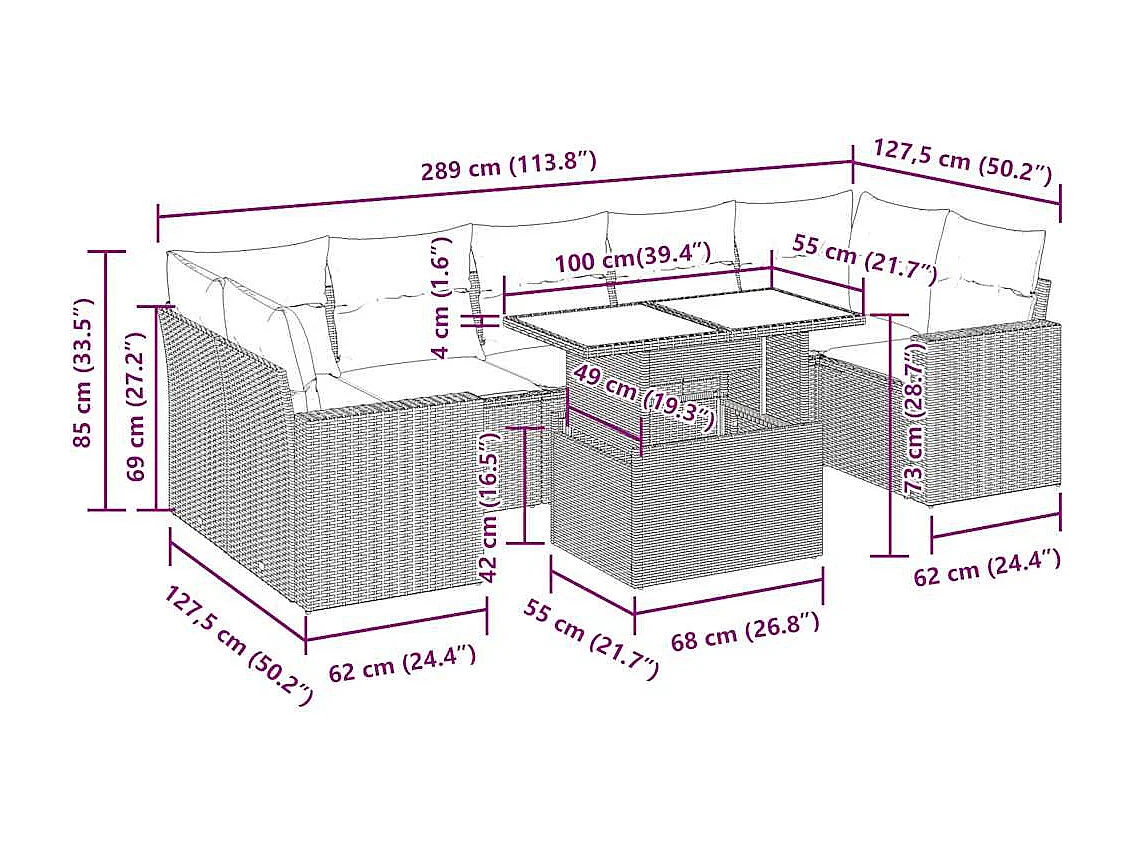 8 pcs conjunto de sofás p/ jardim com almofadões vime PE bege
