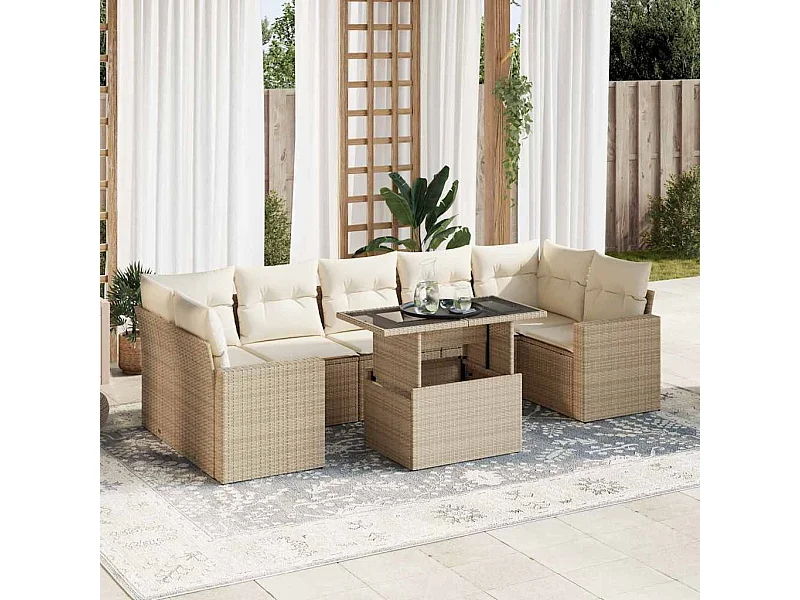 8 pcs conjunto de sofás p/ jardim com almofadões vime PE bege