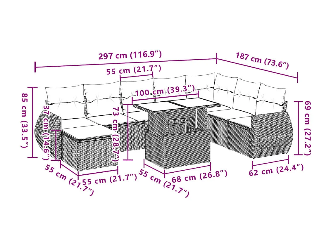 Salon de jardin avec coussins 9 pcs beige résine tressée