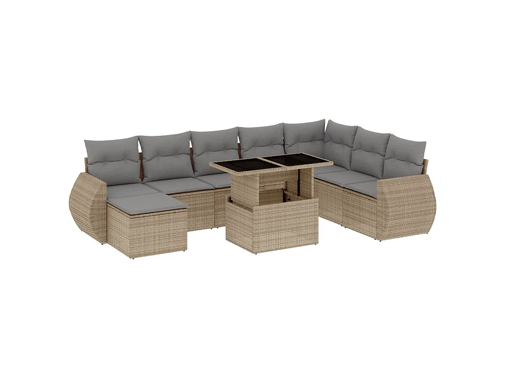 Salon de jardin avec coussins 9 pcs beige résine tressée