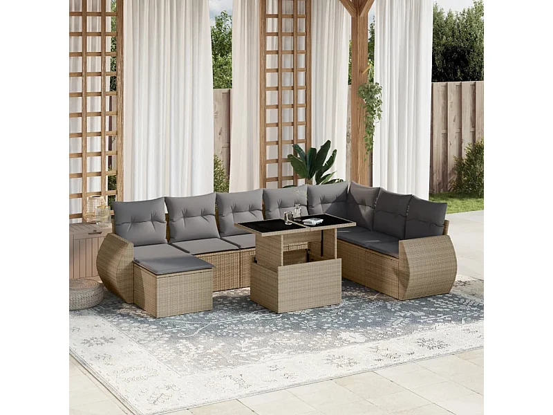 Set de sofás de jardín 9 pzas con cojines ratán sintético beige