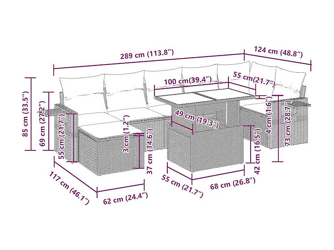 8-tlg. Garten-Sofagarnitur mit Kissen Hellgrau Poly Rattan