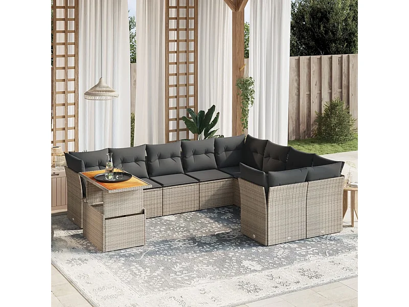 10-tlg. Garten-Sofagarnitur mit Kissen Grau Poly Rattan