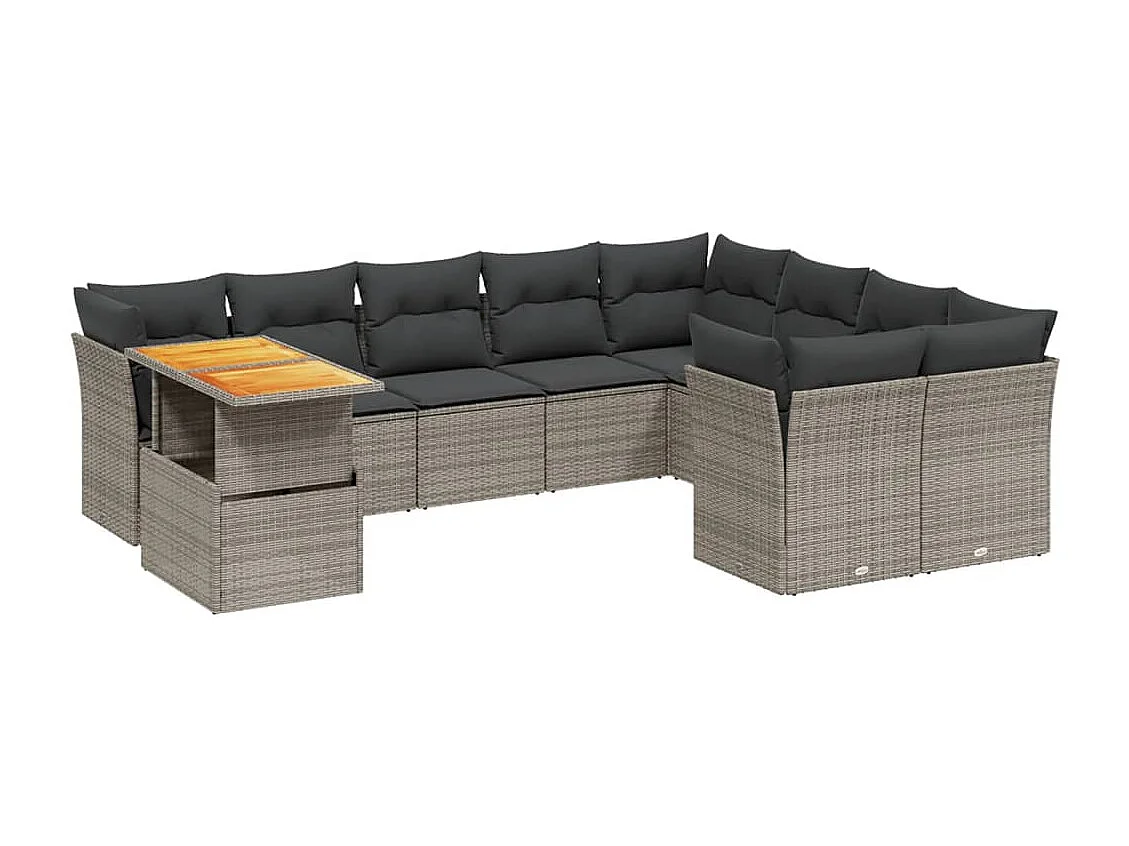 Salon de jardin avec coussins 10 pcs gris résine tressée