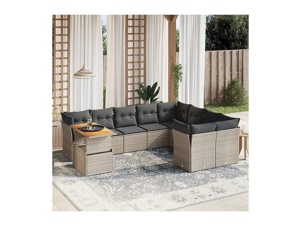 Salon de jardin avec coussins 10 pcs gris résine tressée