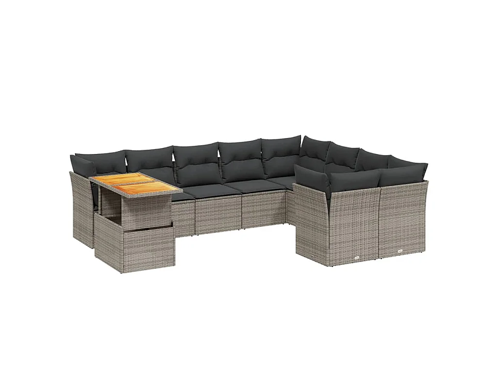 10-delige Loungeset met kussens poly rattan grijs