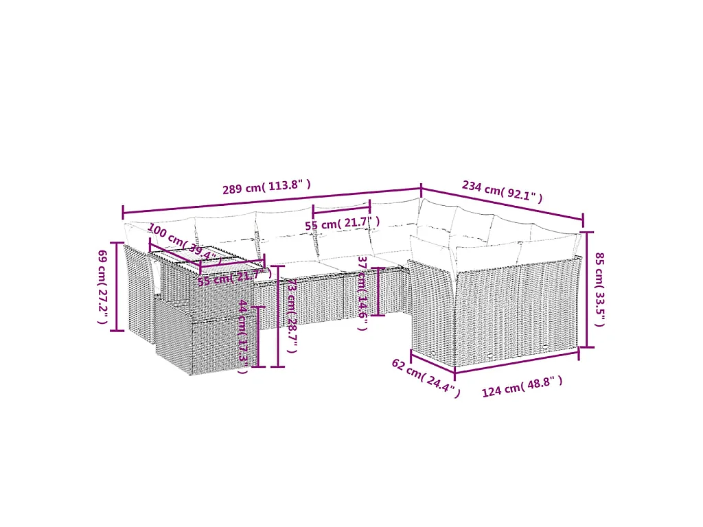 10-delige Loungeset met kussens poly rattan grijs