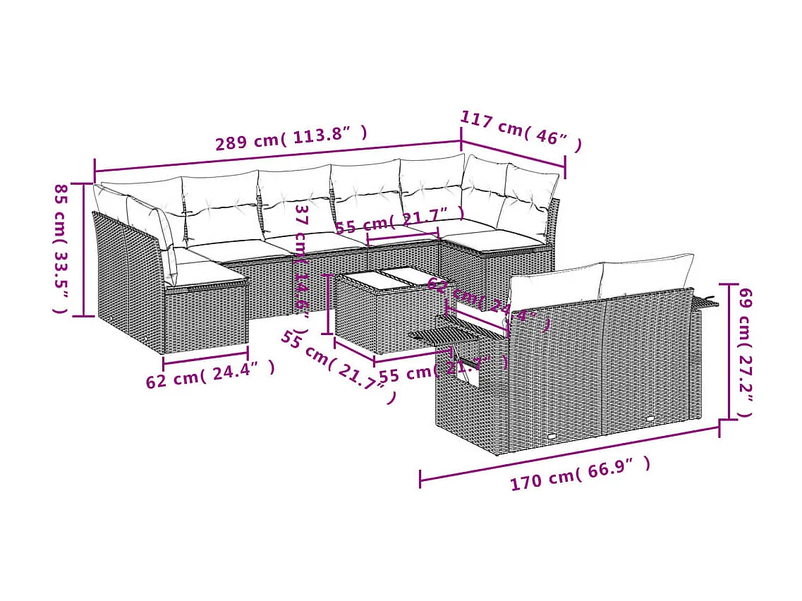 Set de sofás de jardín 10 pzas y cojines ratán sintético marrón