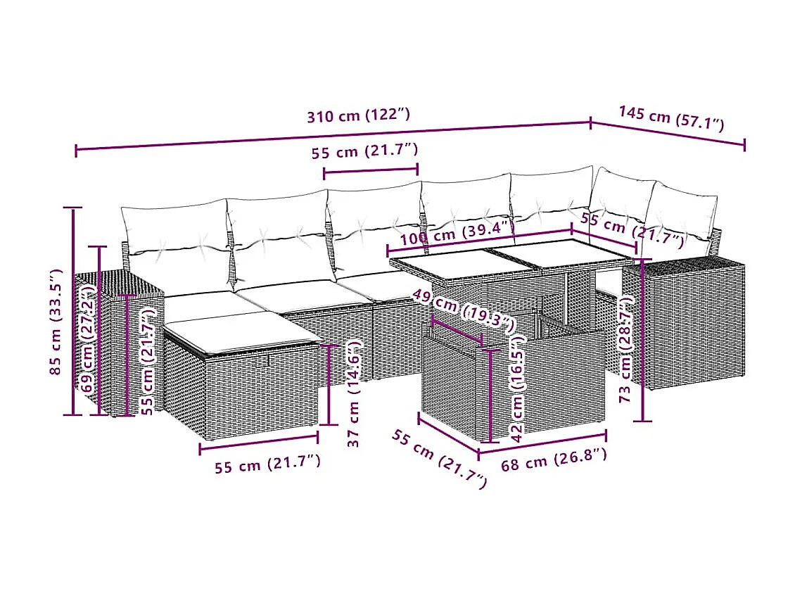 Salon de jardin 8 pcs avec coussins marron résine tressée