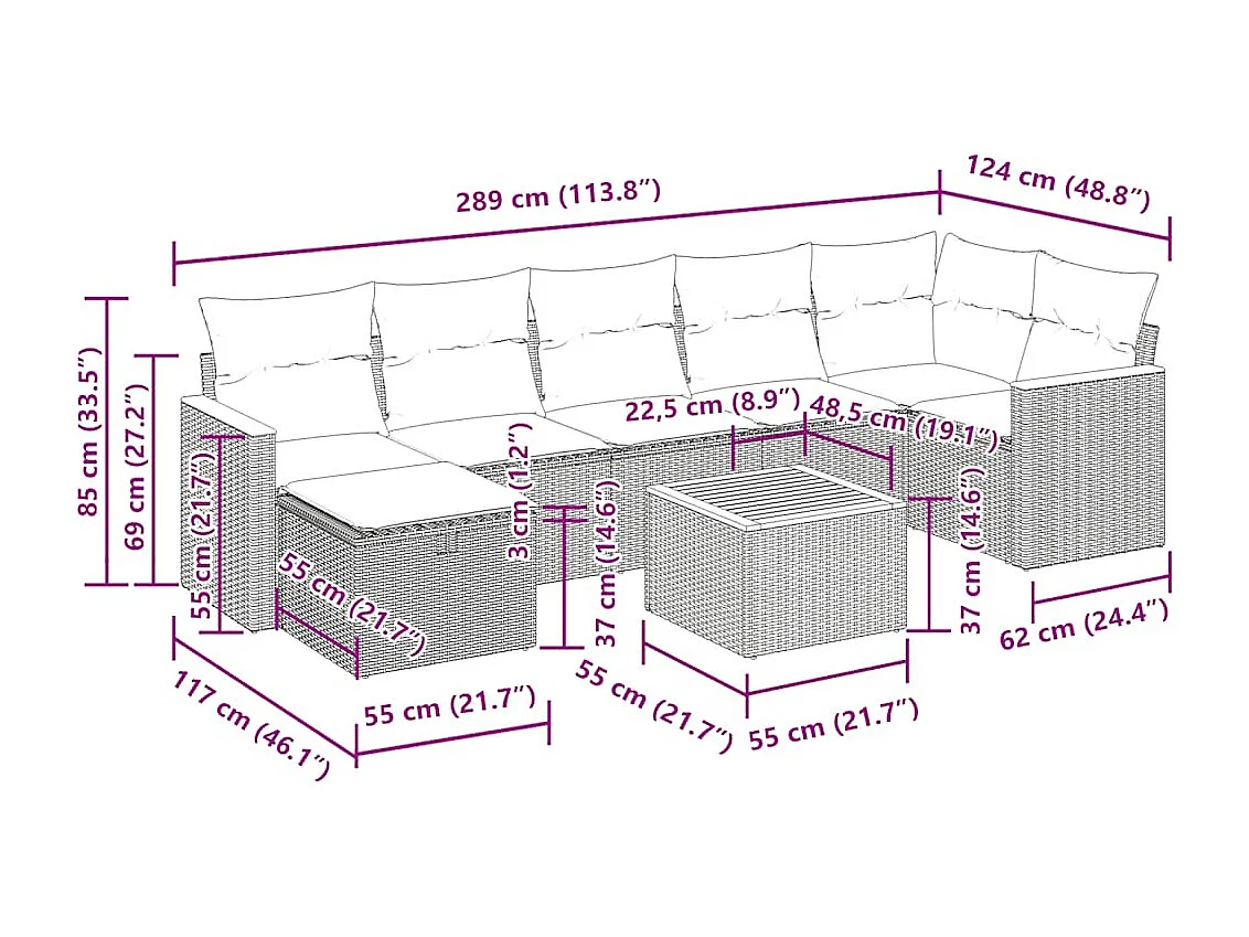 Salon de jardin avec coussins 8 pcs beige résine tressée