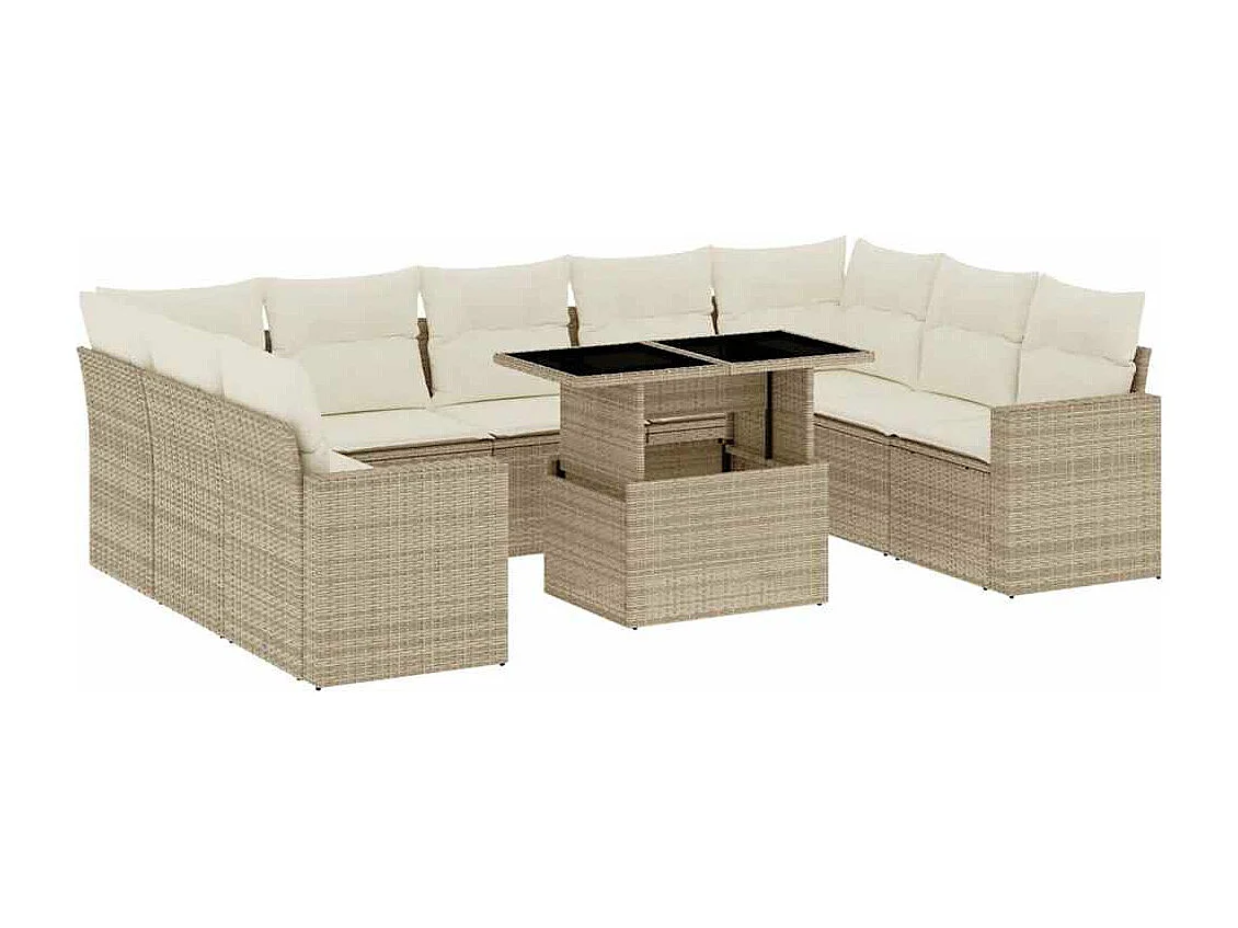 Salon de jardin avec coussins 10 pcs beige résine tressée