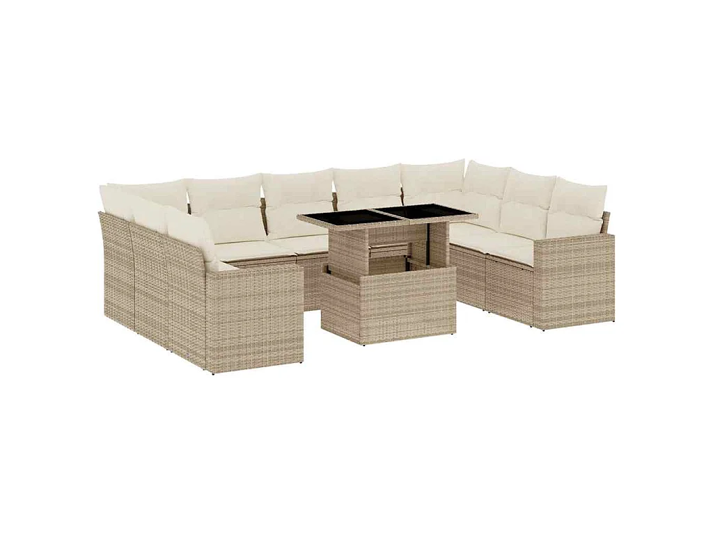 10-delige Loungeset met kussens poly rattan beige