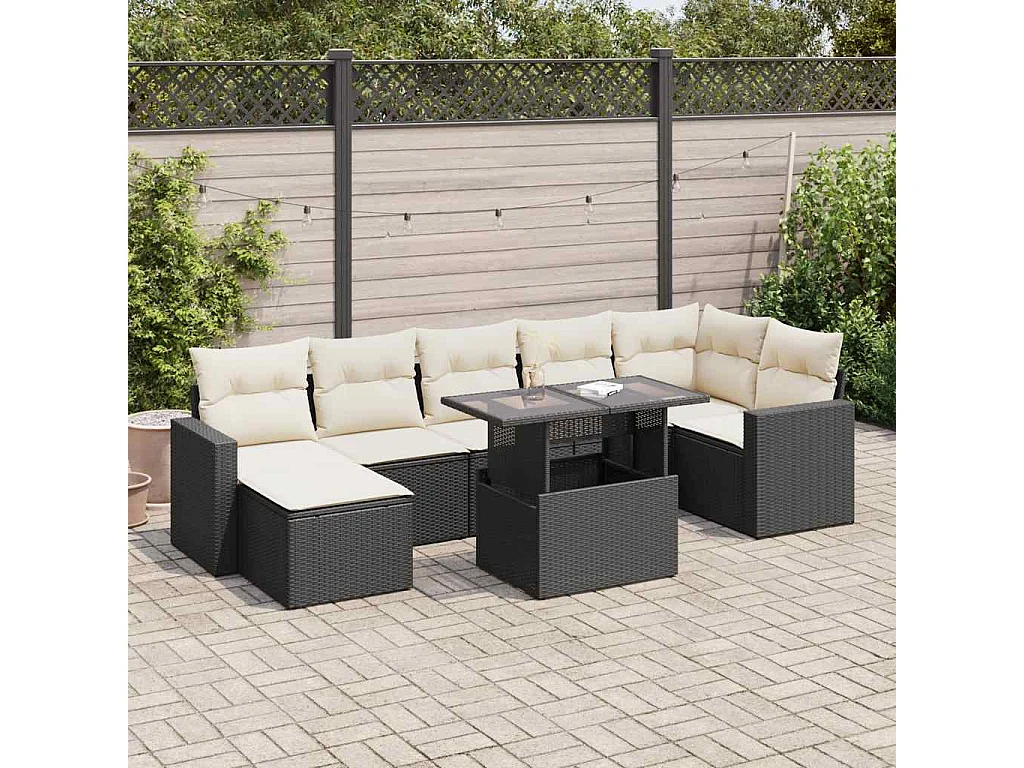 Salon de jardin 8 pcs avec coussins noir résine tressée