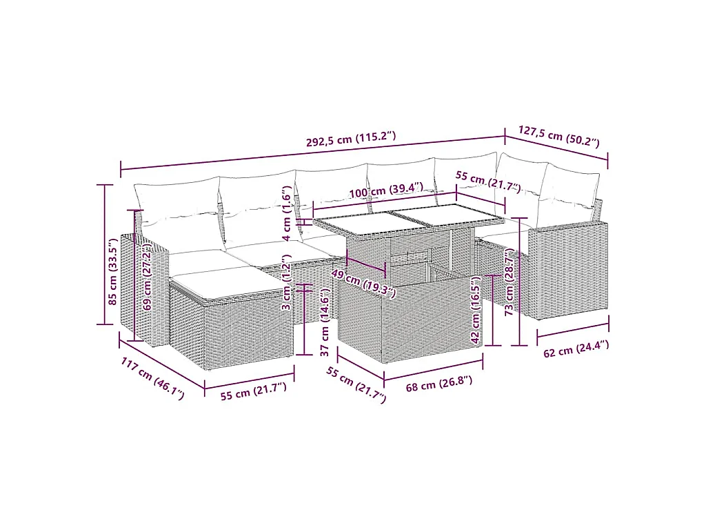 8-delige Loungeset met kussens poly rattan zwart