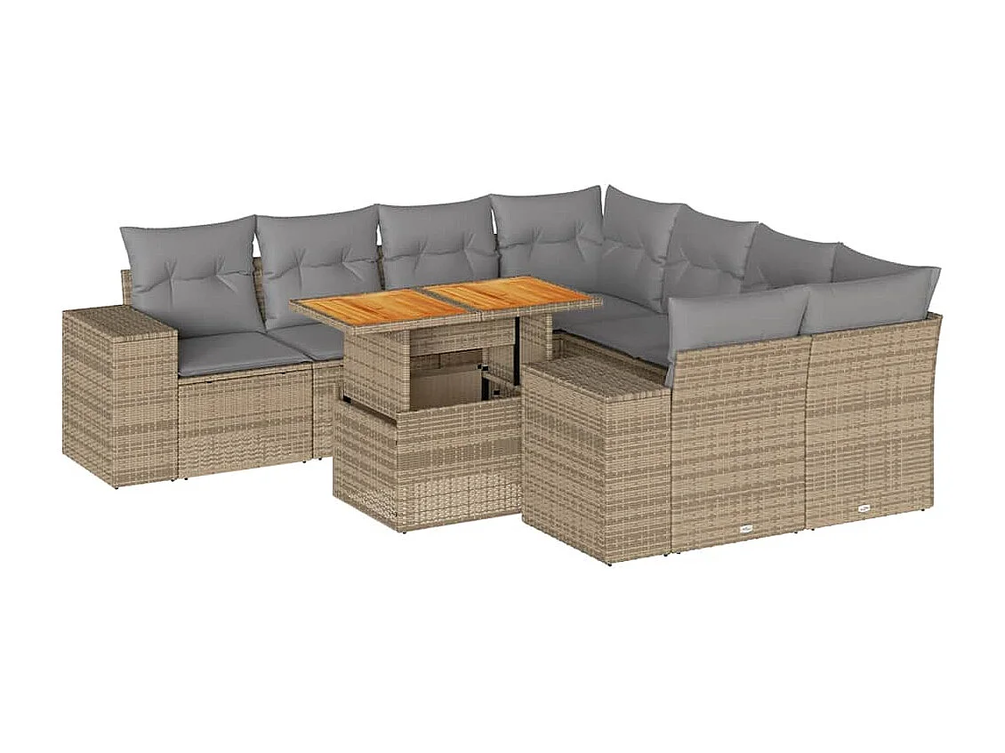 9 pcs conjunto de sofás p/ jardim com almofadões vime PE bege