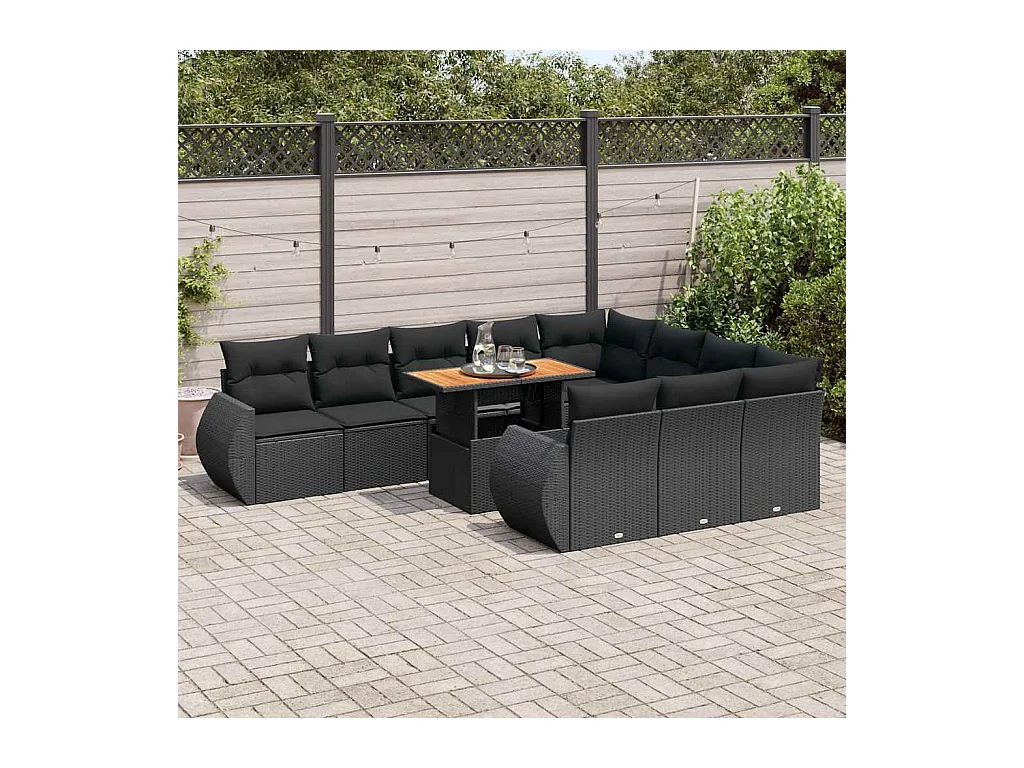 Salon de jardin 11 pcs avec coussins noir résine tressée